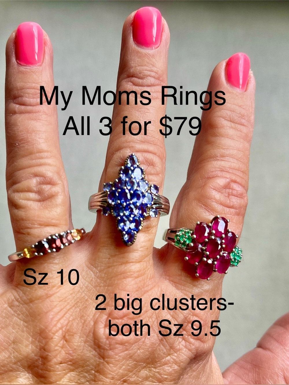 Gem stones Rings All 3/size 9.5 & 10 Ruby/amethyst/citrine Precious& semi 925 SS